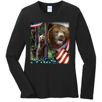 American Grizzly American Flag Bear Family Ladies Long Sleeve Shirt