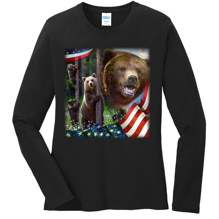 American Grizzly American Flag Bear Family Ladies Long Sleeve Shirt