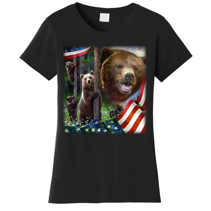 American Grizzly American Flag Bear Family Women's T-Shirt