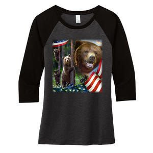 American Grizzly American Flag Bear Family Women's Tri-Blend 3/4-Sleeve Raglan Shirt