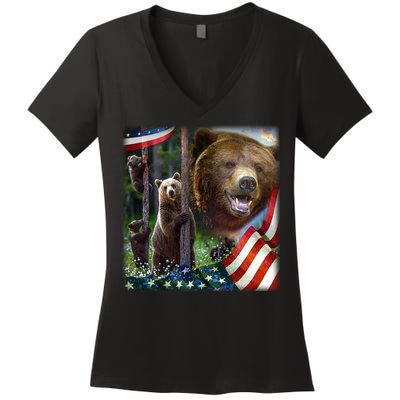 American Grizzly American Flag Bear Family Women's V-Neck T-Shirt