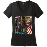 American Grizzly American Flag Bear Family Women's V-Neck T-Shirt