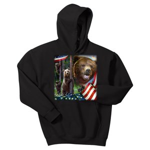 American Grizzly American Flag Bear Family Kids Hoodie