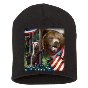 American Grizzly American Flag Bear Family Short Acrylic Beanie