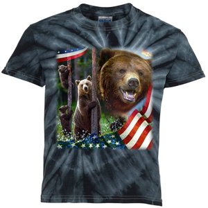 American Grizzly American Flag Bear Family Kids Tie-Dye T-Shirt