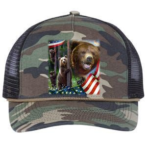 American Grizzly American Flag Bear Family Retro Rope Trucker Hat Cap