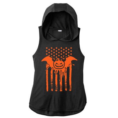 American Halloween Pumpkin Bat USA Flag Ladies PosiCharge Tri-Blend Wicking Draft Hoodie Tank