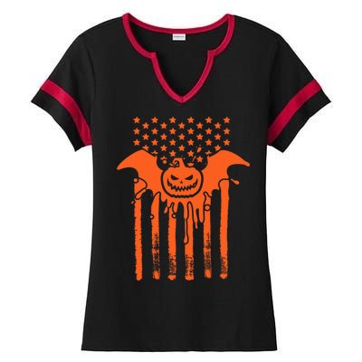 American Halloween Pumpkin Bat USA Flag Ladies Halftime Notch Neck Tee