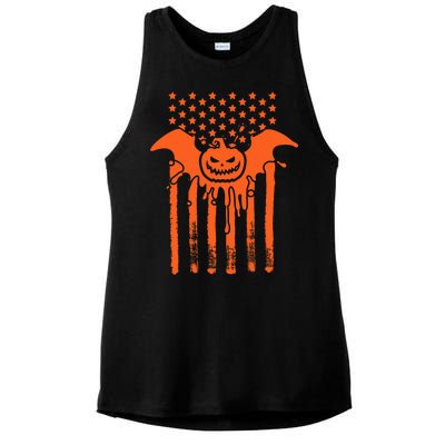 American Halloween Pumpkin Bat USA Flag Ladies PosiCharge Tri-Blend Wicking Tank