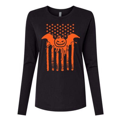 American Halloween Pumpkin Bat USA Flag Womens Cotton Relaxed Long Sleeve T-Shirt