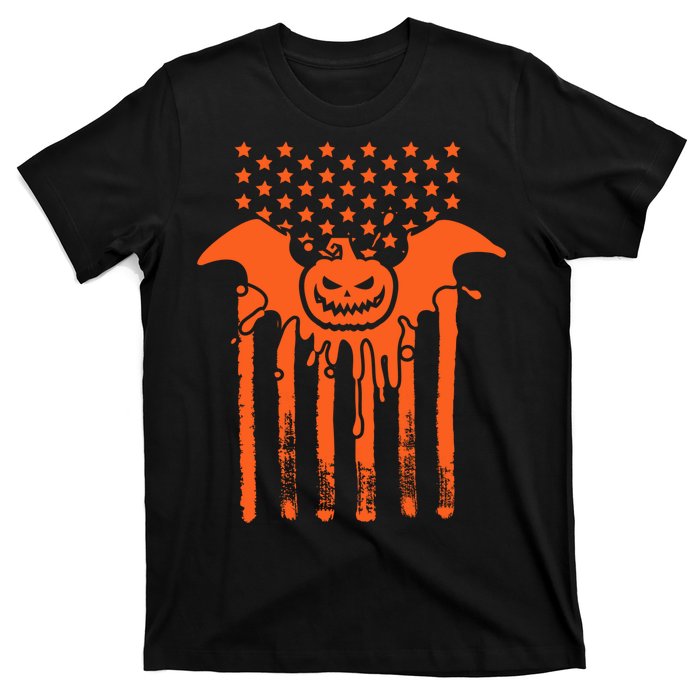 American Halloween Pumpkin Bat USA Flag T-Shirt