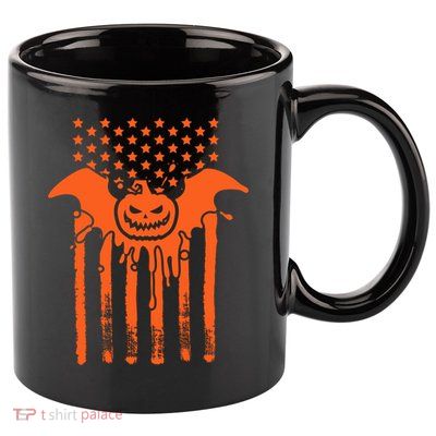 American Halloween Pumpkin Bat USA Flag 11oz C Handle Ceramic Mug