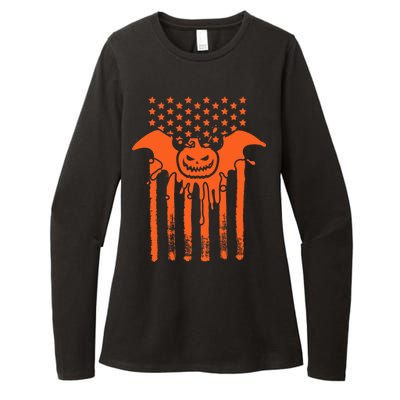 American Halloween Pumpkin Bat USA Flag Womens CVC Long Sleeve Shirt