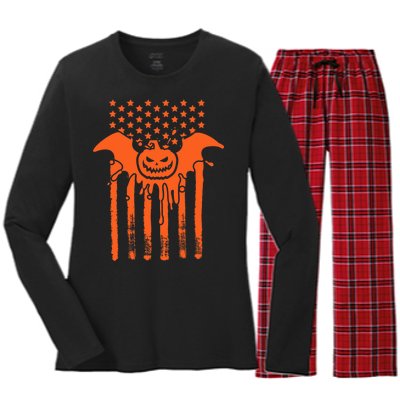 American Halloween Pumpkin Bat USA Flag Women's Long Sleeve Flannel Pajama Set 