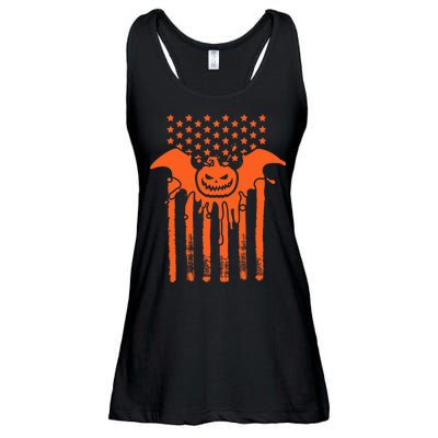 American Halloween Pumpkin Bat USA Flag Ladies Essential Flowy Tank