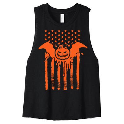 American Halloween Pumpkin Bat USA Flag Women's Racerback Cropped Tank