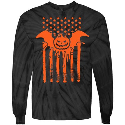 American Halloween Pumpkin Bat USA Flag Tie-Dye Long Sleeve Shirt