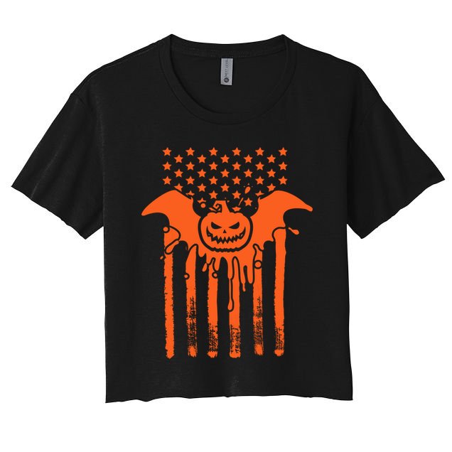 American Halloween Pumpkin Bat USA Flag Crop Top
