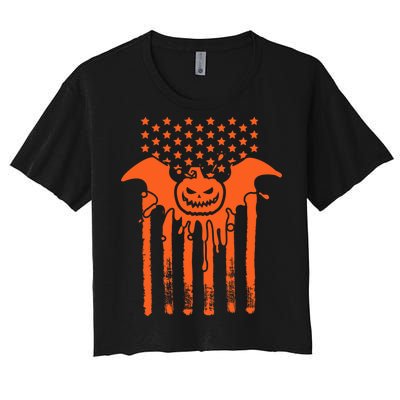 American Halloween Pumpkin Bat USA Flag Women's Crop Top Tee