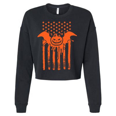 American Halloween Pumpkin Bat USA Flag Cropped Pullover Crew