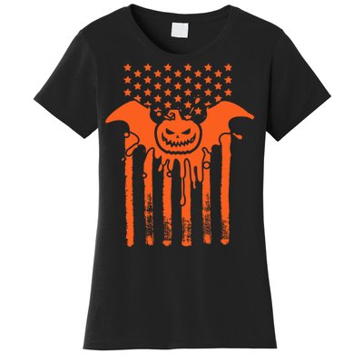 American Halloween Pumpkin Bat USA Flag Women's T-Shirt