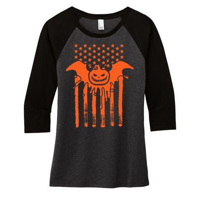 American Halloween Pumpkin Bat USA Flag Women's Tri-Blend 3/4-Sleeve Raglan Shirt