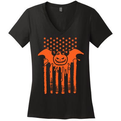 American Halloween Pumpkin Bat USA Flag Women's V-Neck T-Shirt