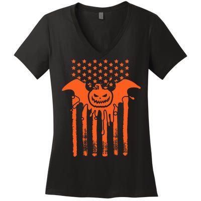 American Halloween Pumpkin Bat USA Flag Women's V-Neck T-Shirt