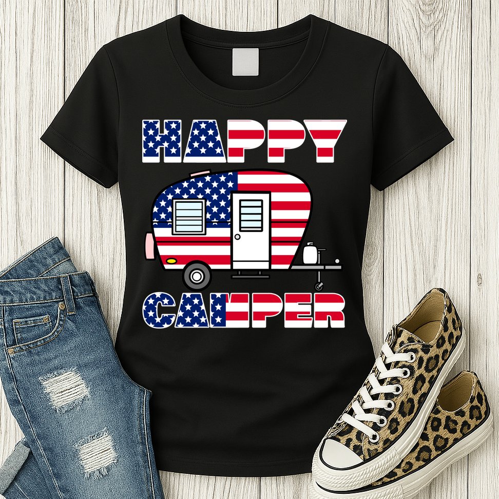American Happy Camper USA Womens T-Shirt