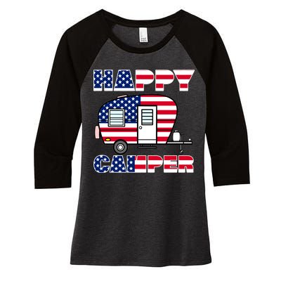 American Happy Camper USA Women's Tri-Blend 3/4-Sleeve Raglan Shirt