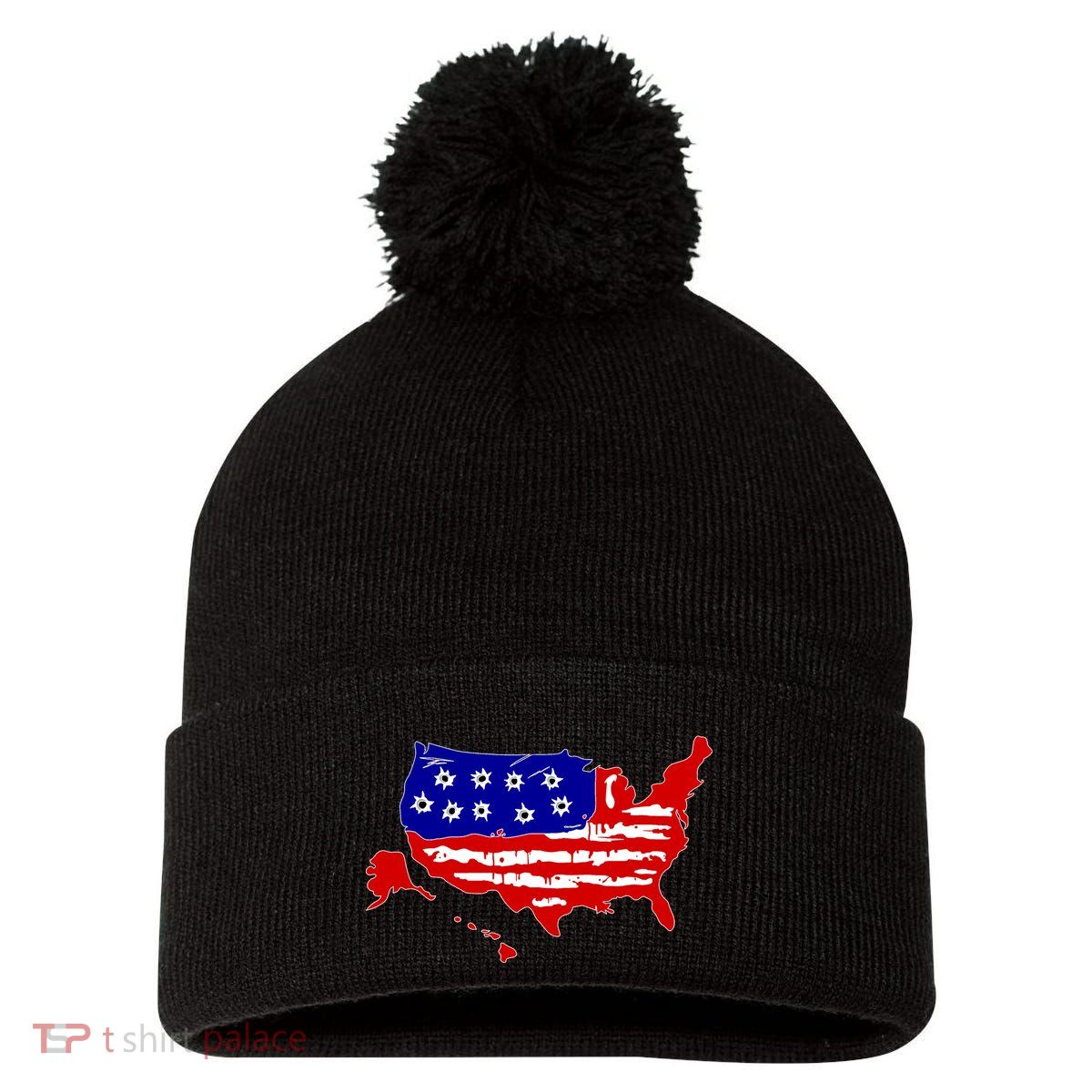 American Map With Bullet Holes 2nd Amendment Pom Pom 12in Knit Beanie