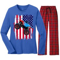 American Monster Truck Flag Women's Long Sleeve Flannel Pajama Set 