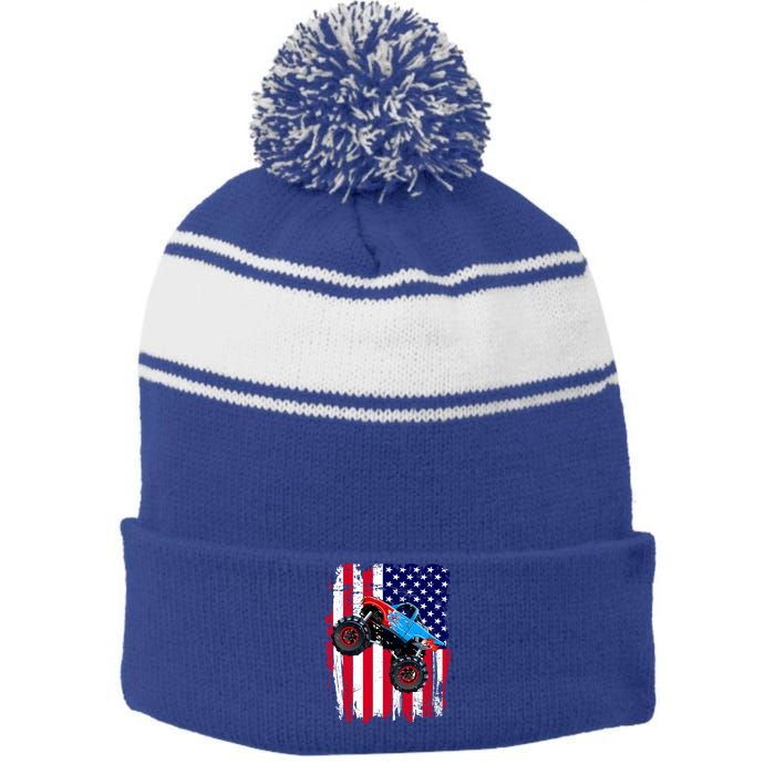 American Monster Truck Flag Stripe Pom Pom Beanie