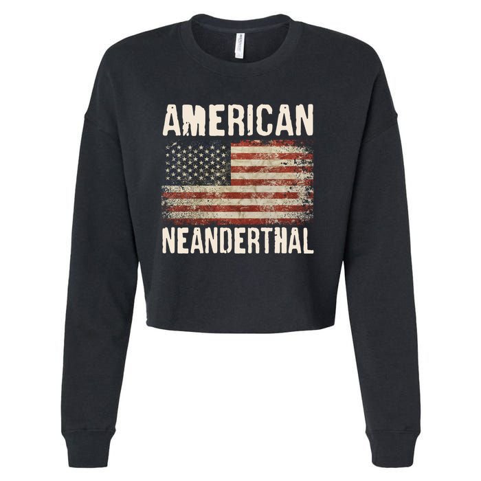 American Neanderthal Distressed US Flag Cropped Pullover Crew
