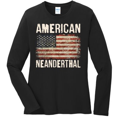 American Neanderthal Distressed US Flag Ladies Long Sleeve Shirt