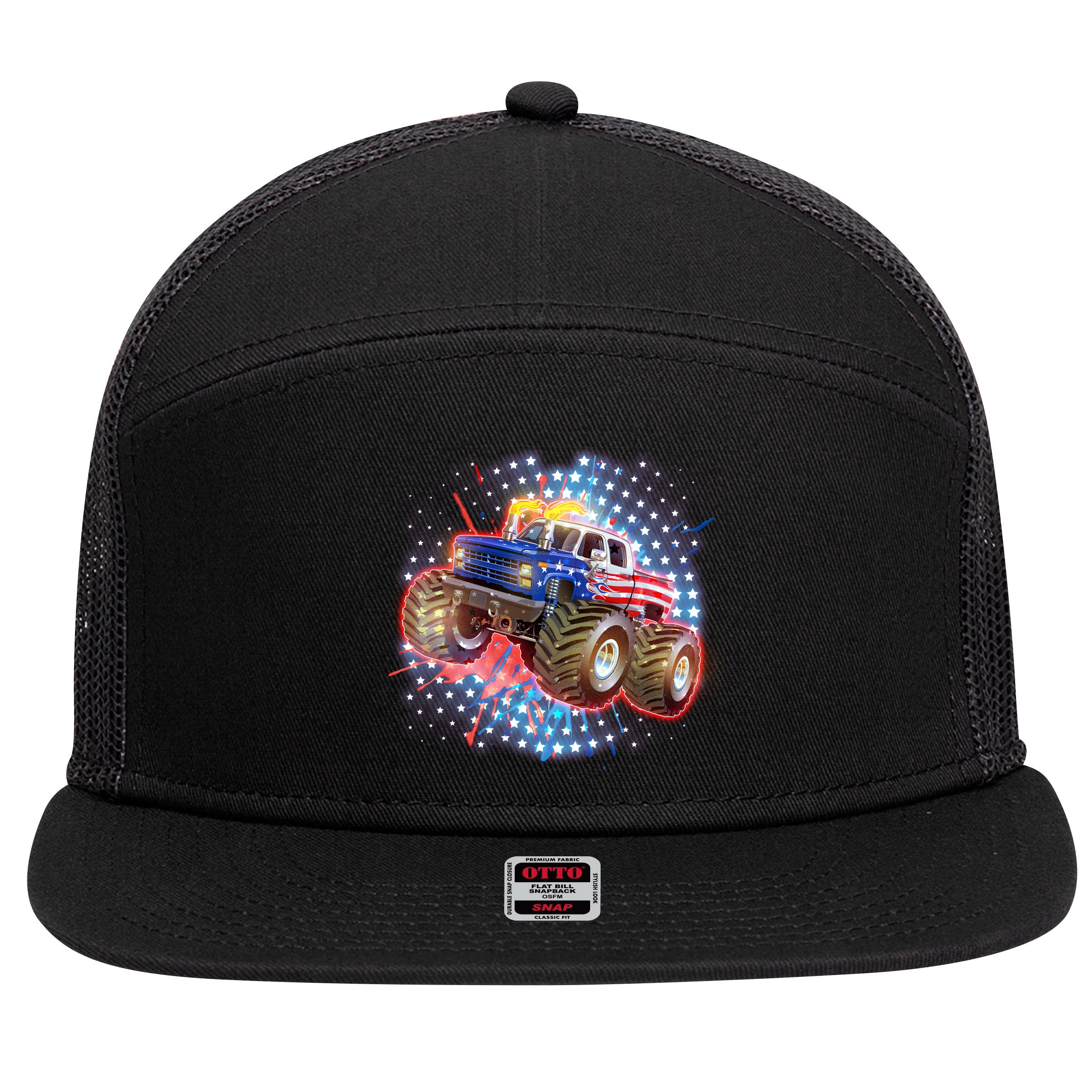 American Patriotic Monster Truck USA 7 Panel Mesh Trucker Snapback Hat