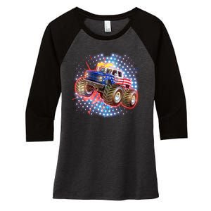 American Patriotic Monster Truck USA Women's Tri-Blend 3/4-Sleeve Raglan Shirt