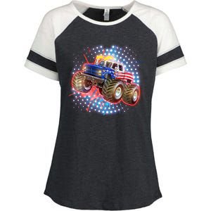 American Patriotic Monster Truck USA Enza Ladies Jersey Colorblock Tee