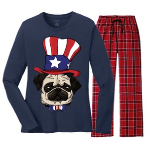 American Patriotic Pug Women's Long Sleeve Flannel Pajama Set 