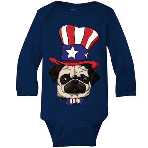 American Patriotic Pug Baby Long Sleeve Bodysuit