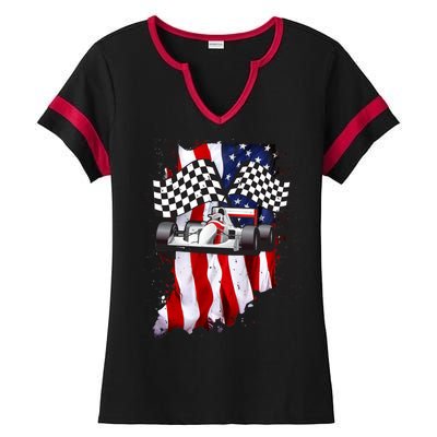 American Racing Car Flag Ladies Halftime Notch Neck Tee