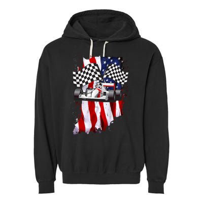 American Racing Car Flag Garment-Dyed Fleece Hoodie