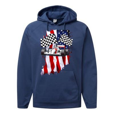 American Racing Car Flag Performance Fleece Hoodie