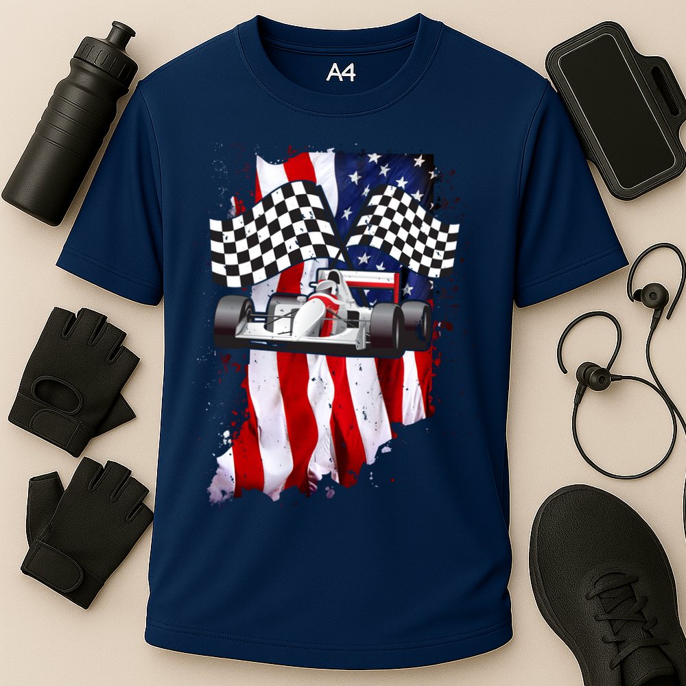 American Racing Car Flag Cooling Performance Crew T-Shirt