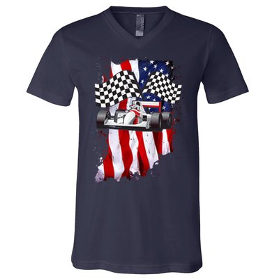 American Racing Car Flag V-Neck T-Shirt