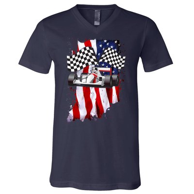 American Racing Car Flag V-Neck T-Shirt