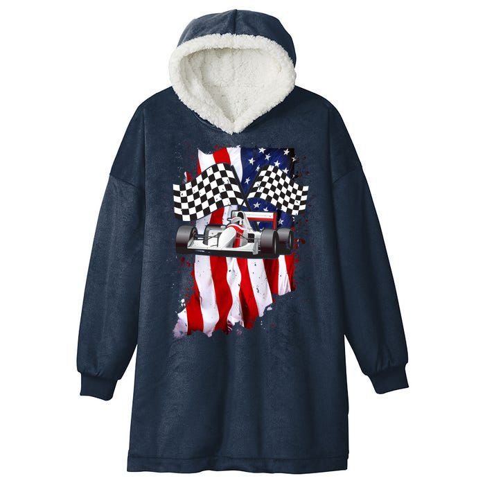 American Racing Car Flag Hooded Wearable Blanket