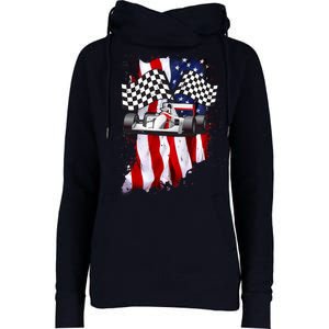 American Racing Car Flag Womens Funnel Neck Pullover Hood