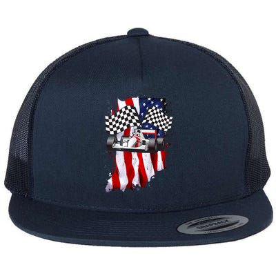 American Racing Car Flag Flat Bill Trucker Hat