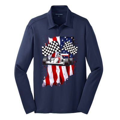 American Racing Car Flag Silk Touch Performance Long Sleeve Polo